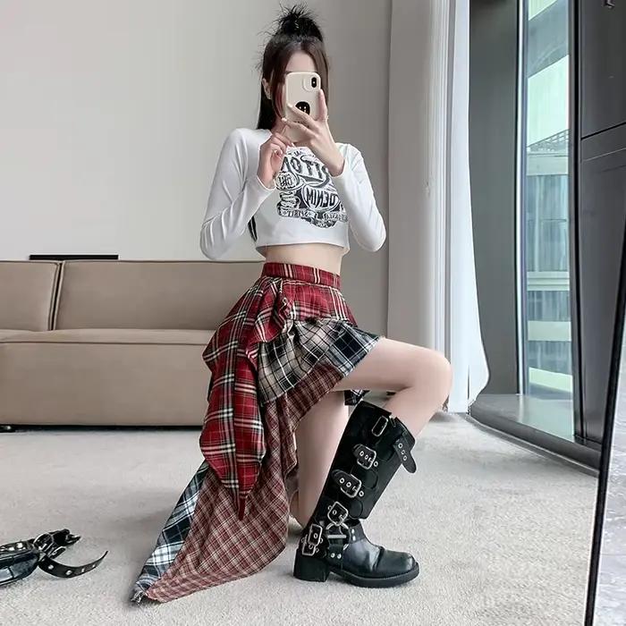 Jupe Trapèze à Carreaux en Patchwork pour Femme