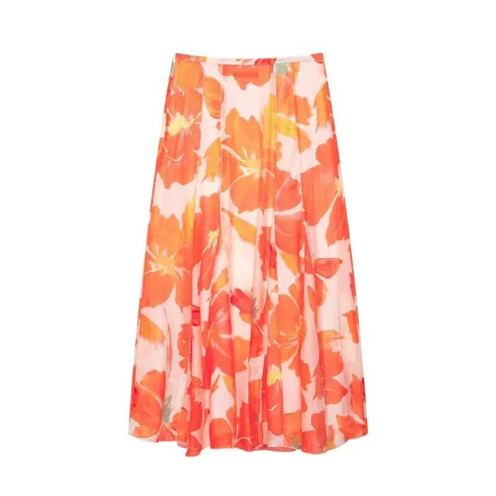 Jupe midi femme imprimé floral taille mi-haute fermeture éclair latérale coupe trapèze mode décontractée pour les vacances
