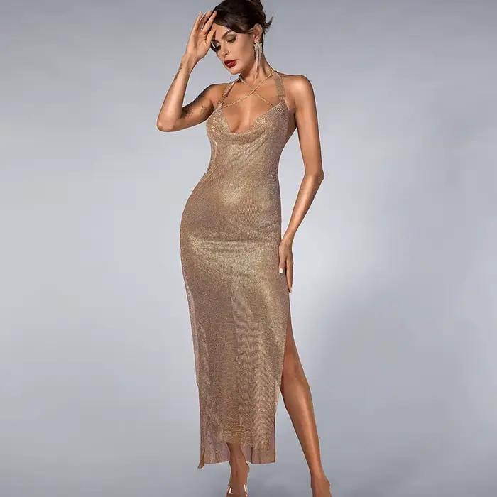 Robe dos nu en biscuits pour femmes, vêtements de boîte de nuit, licou en métal, robes de soirée longues, vêtements de plage, tempérament, automne, 2024