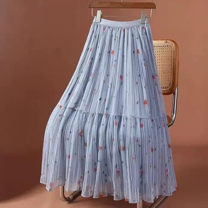 Vintage imprimé fleuri une ligne rose jupes femmes 2025 Casaul mode coréenne Y2k vêtements taille haute Harajuku jupe longue plissée