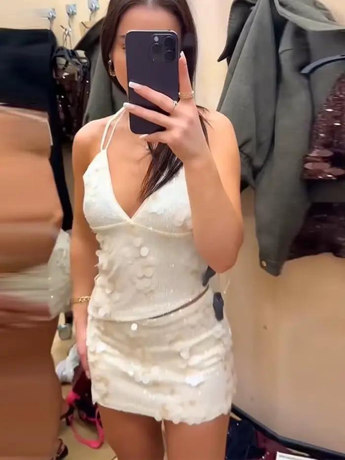 Ensemble haut et jupe courte à paillettes pour femme
