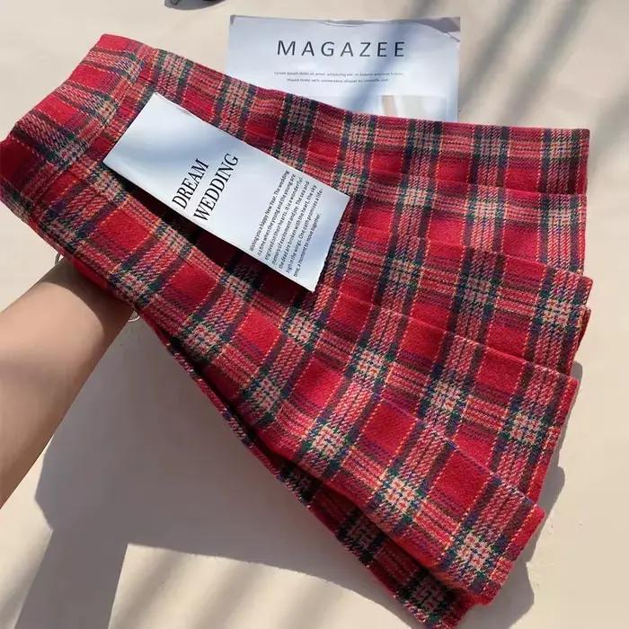 Jupes plissées en laine à carreaux pour femmes automne hiver taille haute Preppy chaud Mini