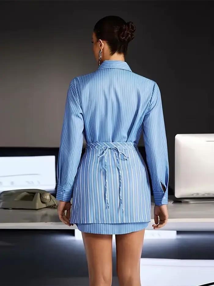 Ensemble 2 pièces jupe et chemise rayée pour femme, style bureau chic, polyester mélangé, asymétrique, pour parties et sorties entre amis