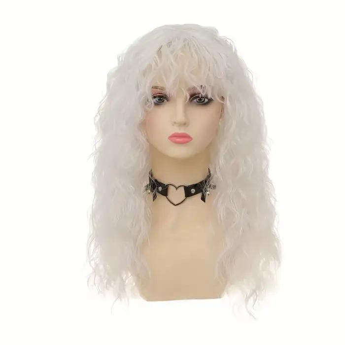 Perruques bouclées noires avec frange pour femmes, perruque synthétique longue bouclée et ondulée des années 80, perruque à bascule longue et douce