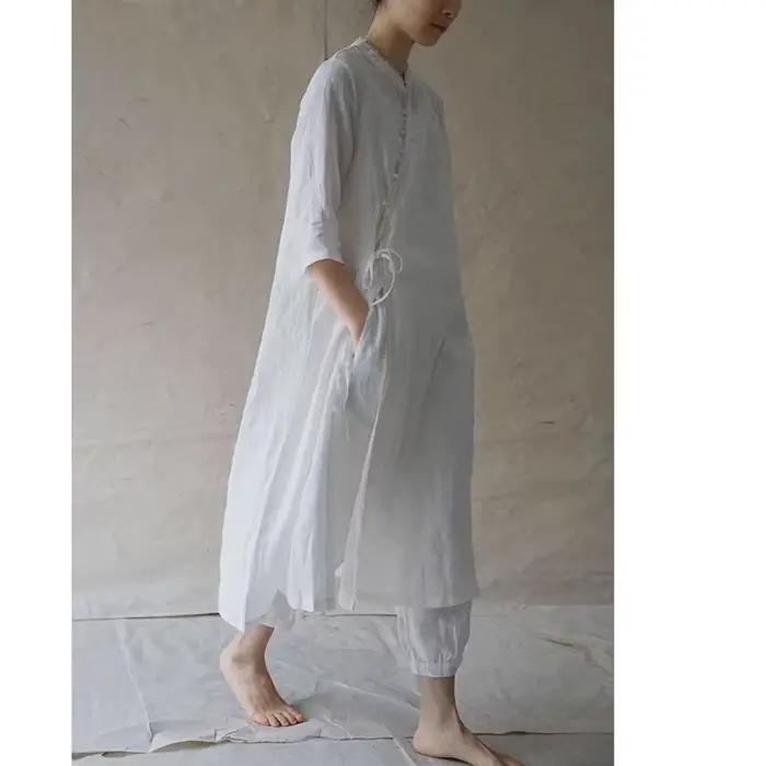Robe longue en coton et lin de style ethnique 2026, coupe ajustée et dentelle rétro