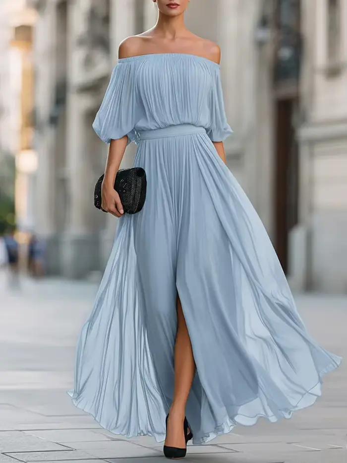 Robe longue décontractée pour femme à manches mi-longues, unie, élégante, fendue, taille haute, en mousseline, pour soirée, sexy, épaules dénudées, pour les vacances d'été