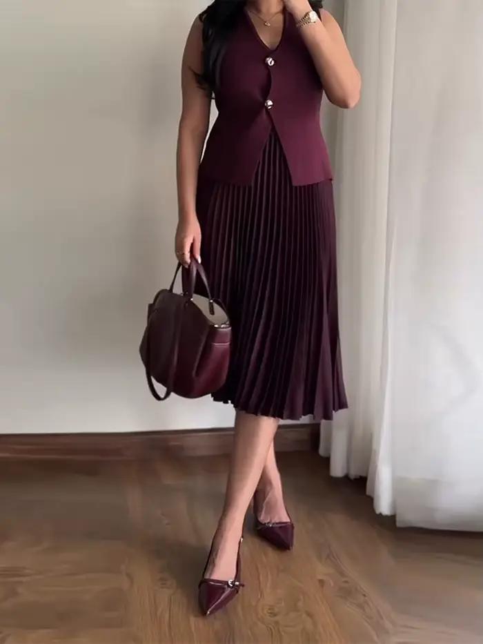 Femmes tricoté jupe ensemble vin rouge col en v sans manches Sllim gilet solide taille haute