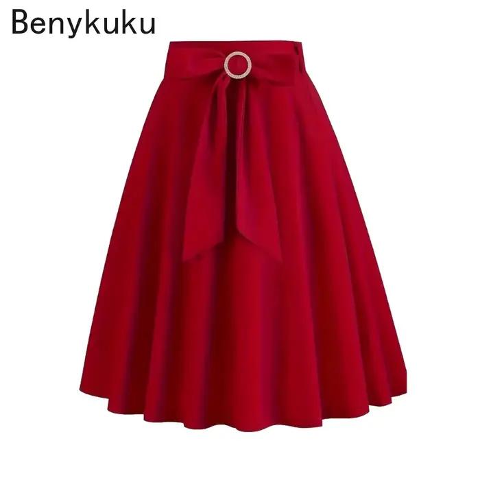 Femmes Bow Front A-Line solide rouge noir Jupe années 1950 Vintage femme vêtements 2025 été taille haute