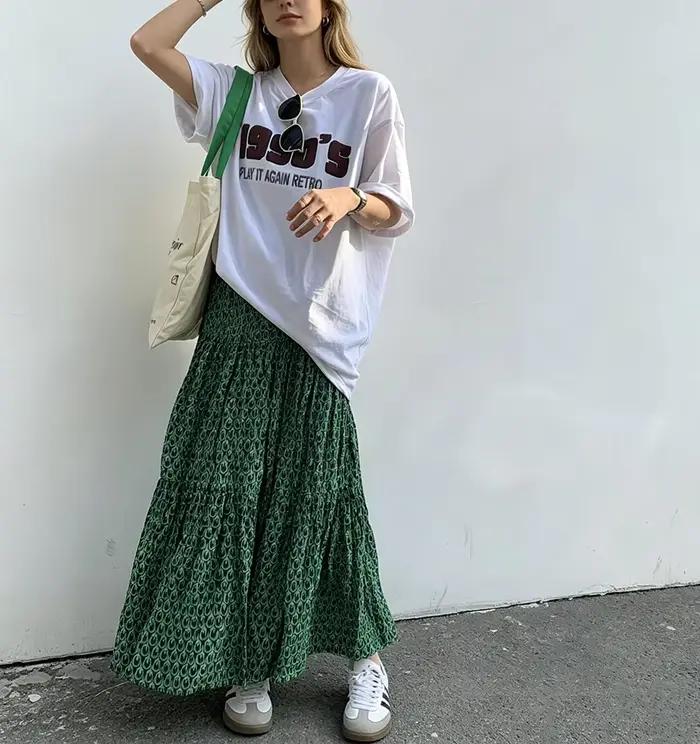Jupe longue plissée vintage verte à imprimé géométrique pour femme