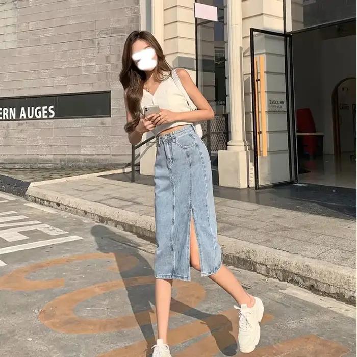 Jupes en jean femme Midi bleu taille haute avec fente jupe