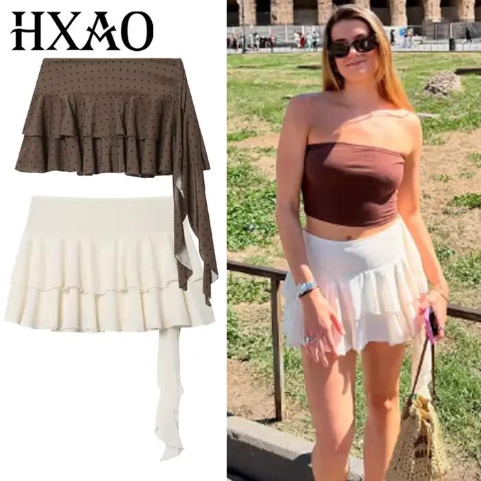 HXAO jupe en mousseline de soie superposée short dames mode Mini taille haute à lacets culottes femme à volants Beige