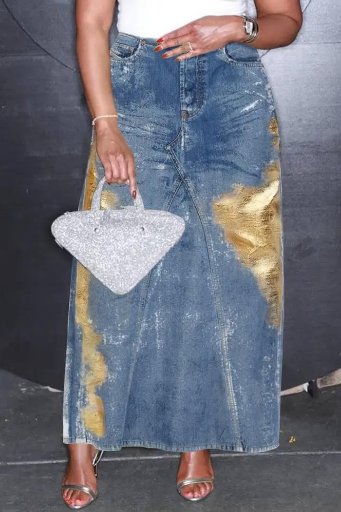 Jupe longue en denim vintage pour femmes grandes tailles avec revêtement métallique bleu poches taille haute silhouette droite style slip occassions spéciales