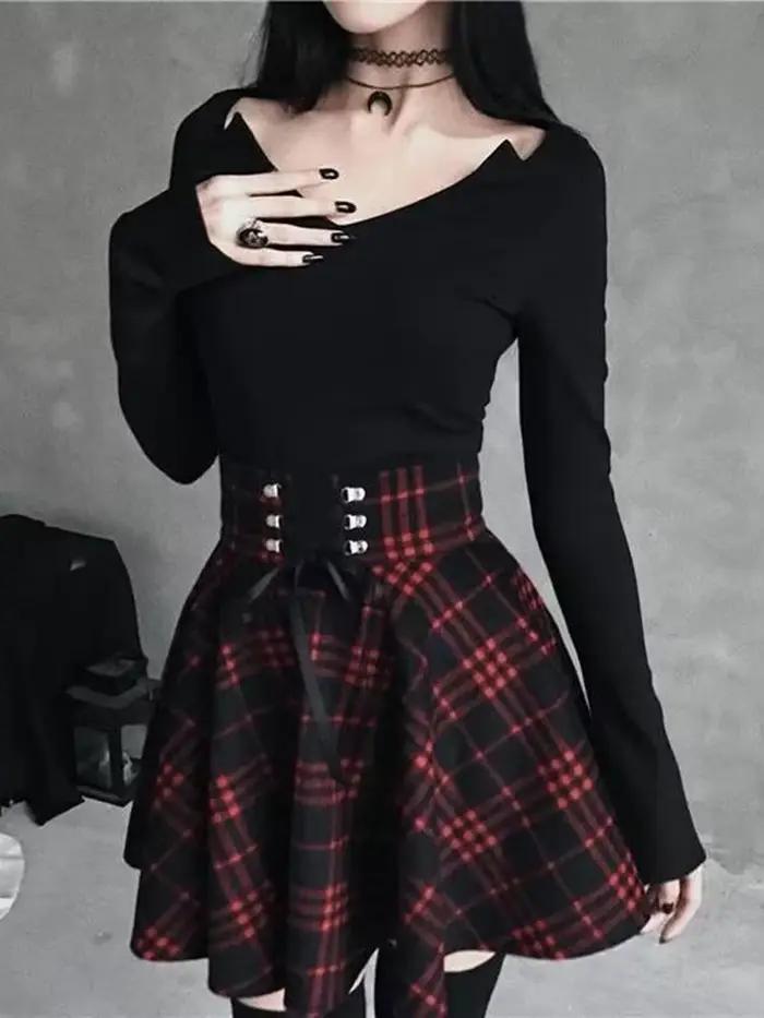 Jupe gothique à carreaux noirs pour femmes, jupes plissées, style gothique, mini jupe, hip hop, punk, clubwear, printemps automne