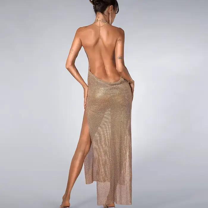 Robe dos nu en biscuits pour femmes, vêtements de boîte de nuit, licou en métal, robes de soirée longues, vêtements de plage, tempérament, automne, 2024