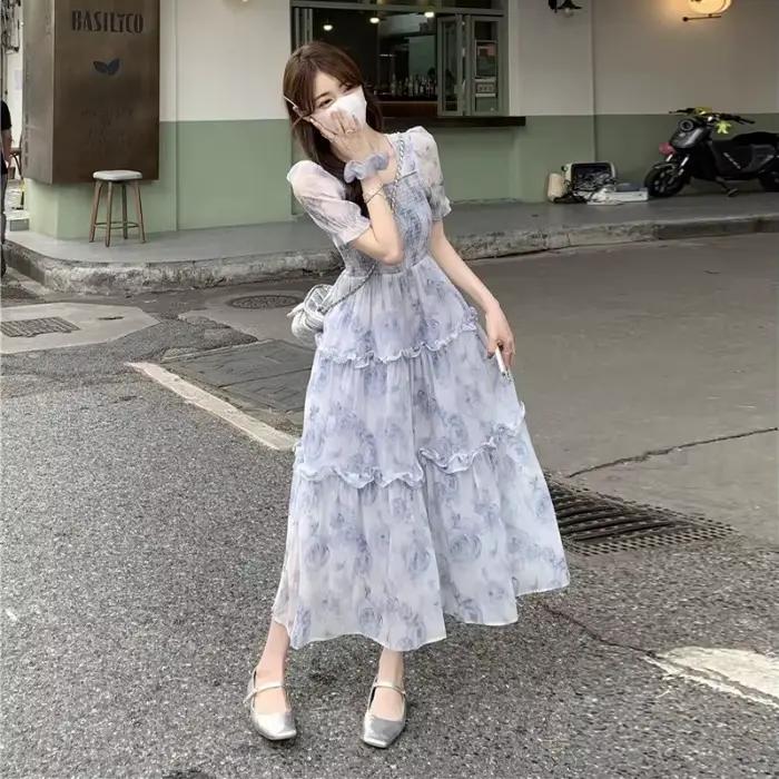 Haute qualité vente chaude en gros grande taille été nouveau Style doux jupe longue florale coupe ajustée douce robe de princesse femmes Y2K