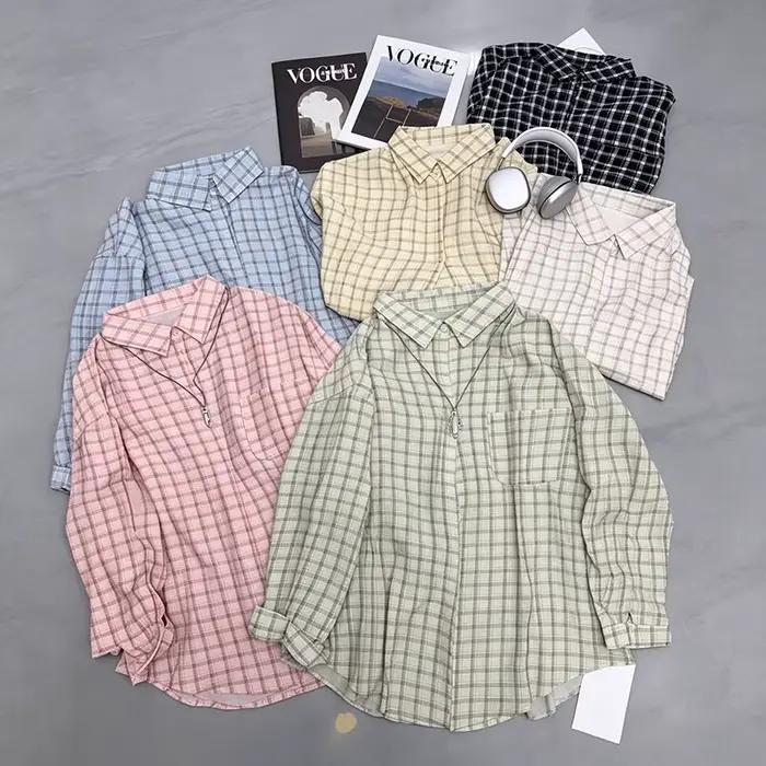 Chemises à carreaux pour femmes, chemise légère à manches longues boutonnée avec poche poitrine unique, hauts décontractés surdimensionnés, tenue printemps-été