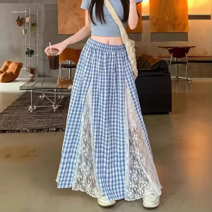 Jupe longue évasée en polyester à carreaux avec dentelle