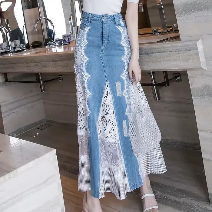 TIYIHAILEY Jupe longue maxi en jean et dentelle style sirène taille haute pour femme S-XL