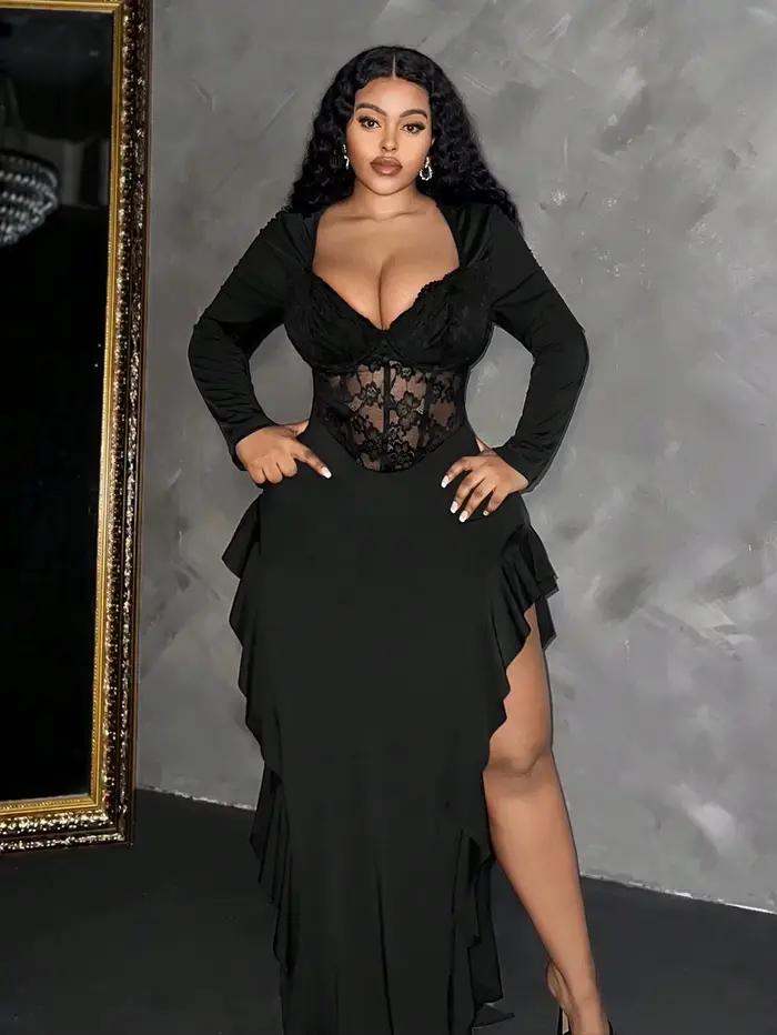 Robe moulante grande taille pour femme à manches longues, col en V profond, corset en dentelle, coupe asymétrique, à volants, sexy, extensible, pour soirée glamour printemps-été