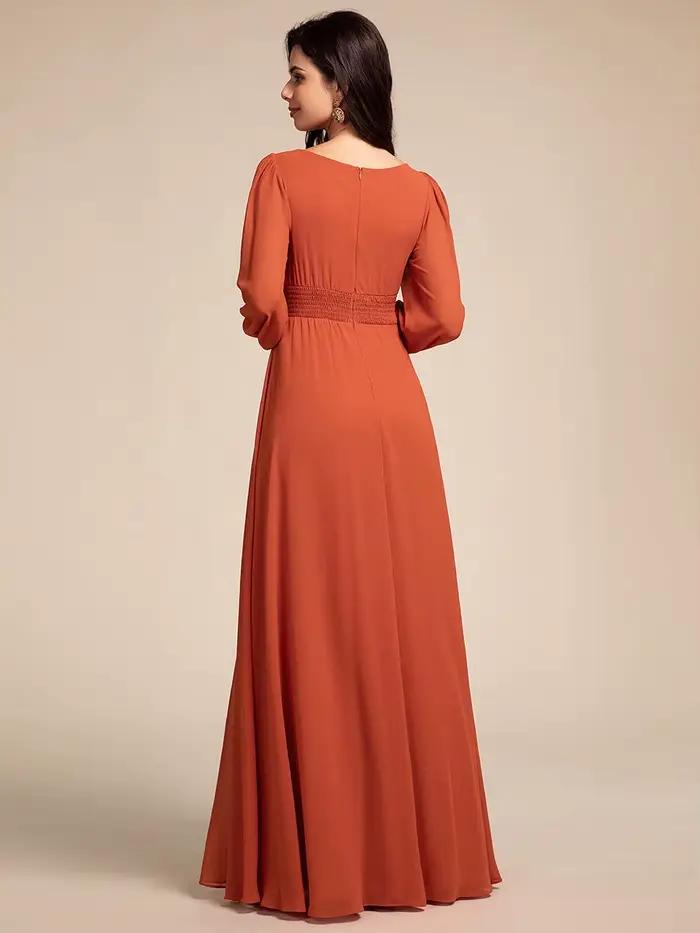 Robes de soirée élégantes, longues, à manches longues, col rond, en mousseline de soie, longueur au sol, Ever Pretty, couleur orange brûlé, robe de bal pour femmes