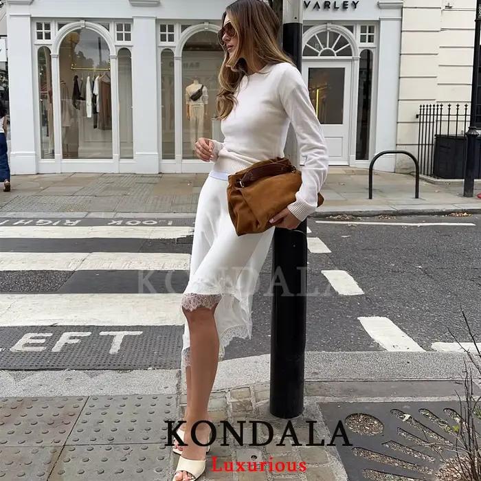 KONDALA décontracté Chic Satin dentelle jupes longues femmes élastique droite longue jupe de fête mode 2025 soirée Club