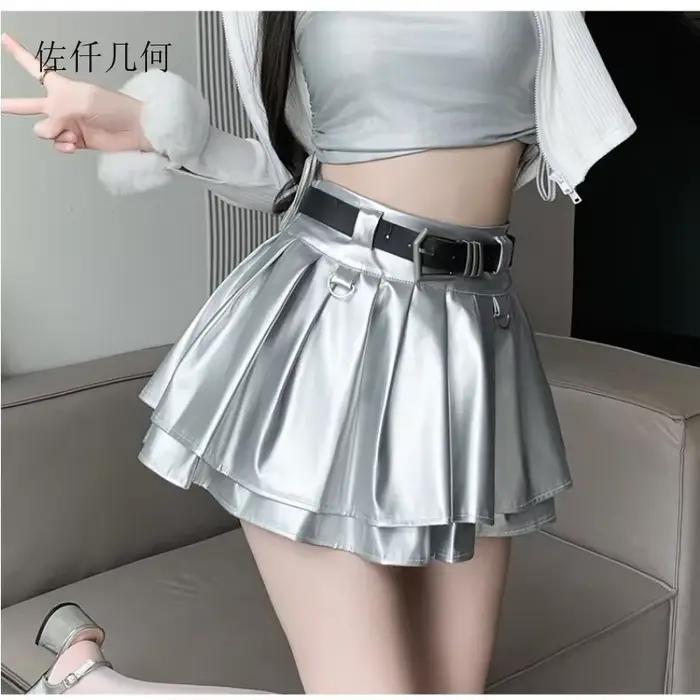 Nouvelles jupes en cuir plissé femmes coréennes taille haute solide a-ligne haute rue mode bases jupe courte femme