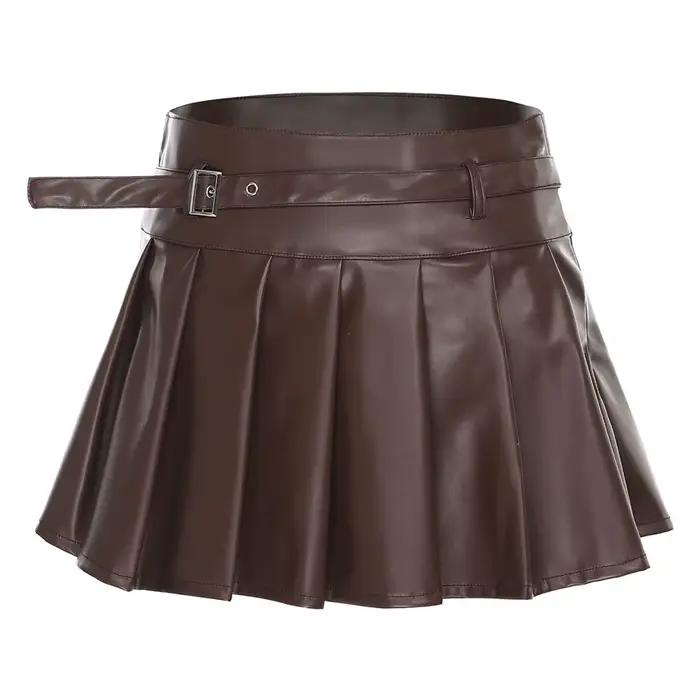 Jupe Y2K pour femmes avec fermeture éclair latérale, jupe courte en PU intégrée, taille haute, jupe mini trapèze avec ceinture, jupes de fille épicée, streetwear