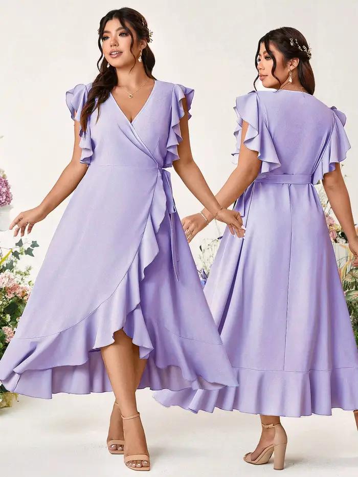 Robe midi élégante lavande à col en V et à encolure croisée – Manches à volants et ourlet asymétrique pour demoiselle d'honneur ou soirée cocktail