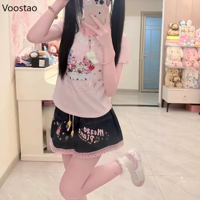 Jupe en jean style Lolita japonais kawaii pour femmes, mini jupe de fête en dentelle, dessin animé doux et mignon, à volants, occassions spéciales printemps été