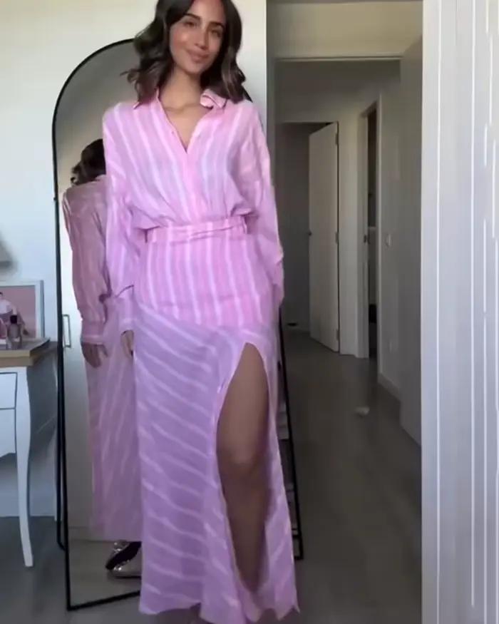 Jupe Femme 2026 Nouvelle Collection Printemps-Été Rose Rayée en Lin Longueur Midi
