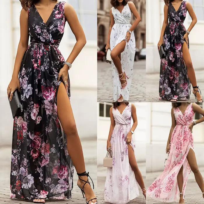 Robe longue en mousseline de soie imprimé fleurs pour femmes, Sexy, col en v, dos nu, à lacets, fente latérale, mode tempérament, pour les déplacements