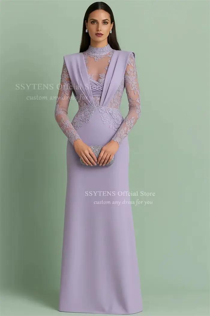 SSYTENS lavande femmes robes de bal dentelle manches longues robe de soirée formelle robes col haut robe de soirée longueur de plancher personnalisé