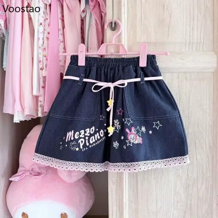 Jupe en jean style Lolita japonais kawaii pour femmes, mini jupe de fête en dentelle, dessin animé doux et mignon, à volants, occassions spéciales printemps été