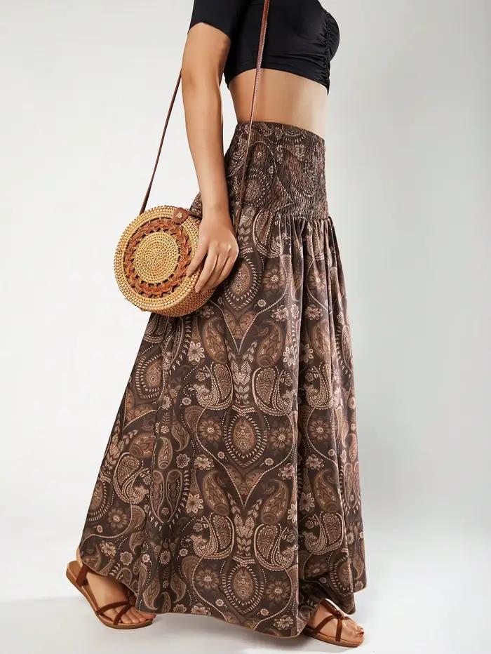 Jupes pour femmes, jupes smockées à taille haute, imprimé paisley, fluides, évasées, bohèmes, décontractées, maxi