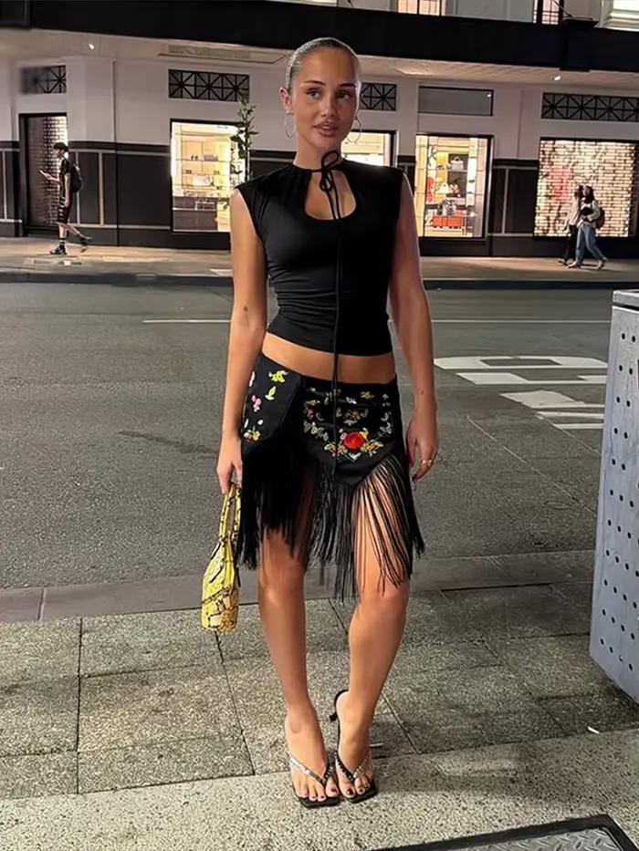 Ensemble jupe midi sexy vert dégradé avec haut cache-cœur à franges