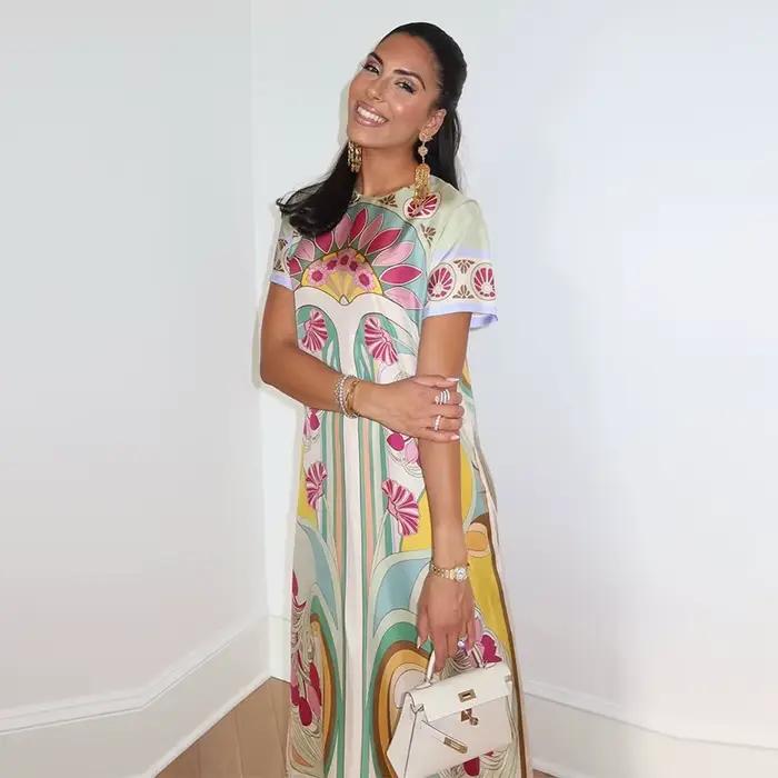 Robe longue imprimée pour femme, à manches mi-longues et col rond, avec ourlet à franges, tenue de mode quotidienne, idéale pour les rendez-vous et les soirées 2026