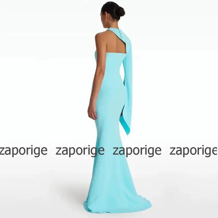 Robes de Thanksgiving turquoise pâle, robe sur mesure en jersey, robes sirène et trompent, robes longueur thé à une épaule
