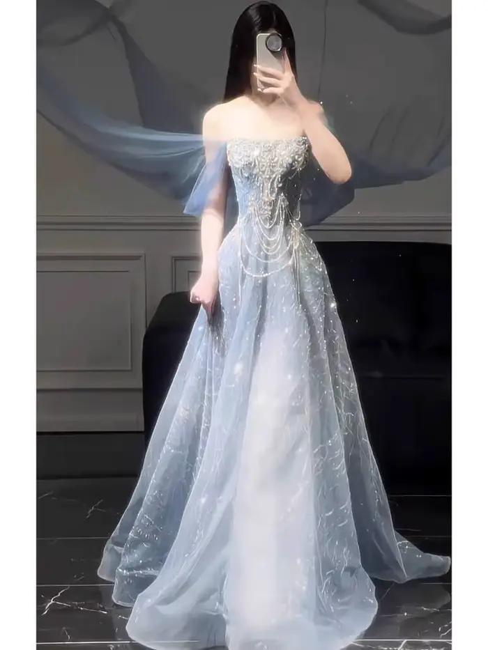 Robe de soirée bleue pour femmes, haut de gamme, sens du Style, robe de passage d'âge haut de gamme, légère, luxe, réunion annuelle, examen d'art, nouvelle collection 2025