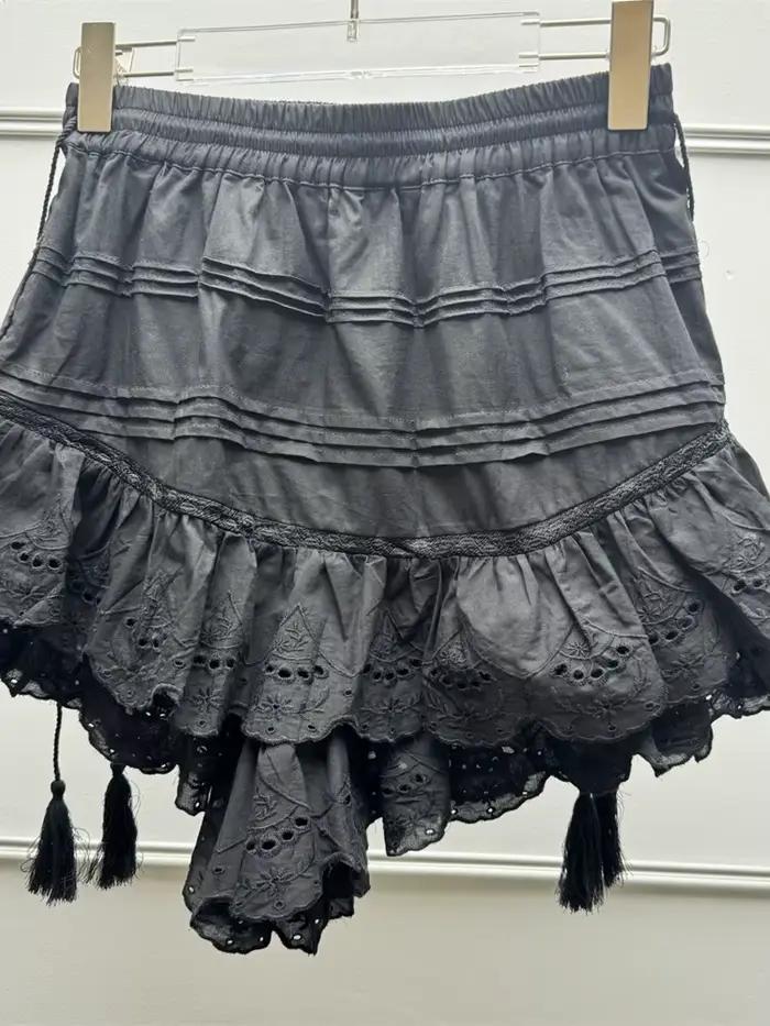 Jupe courte française pour femmes, cordon de serrage, taille élastique, pompon, à lacets, volants superposés, jupe courte pour femmes