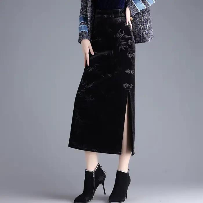 ZUZK velours imprimé jupe moulante élastique taille haute coupe droite mi-longue fente femmes automne hiver nouvelle