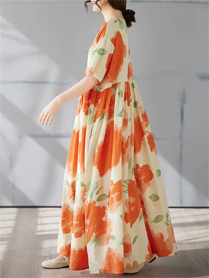Coton Vintage à manches courtes robes florales pour femmes décontracté ample longue Robe Orange Femme Robe robes élégant vêtements d'été