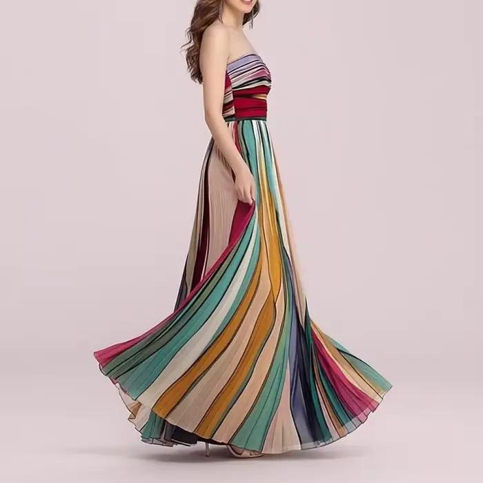 Nouvelle Robe Longue Plissée Imprimée Colorée Sexy et Élégante pour l'Été