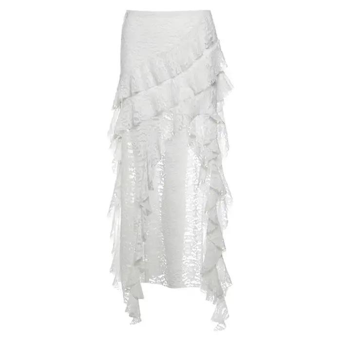 Jupe longue taille haute en dentelle douce blanche cousue à ourlet à volants pour femme
