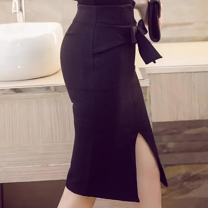 Nouvelle mode femmes jupe crayon longueur au genou taille haute élégante fente ouverte nœud