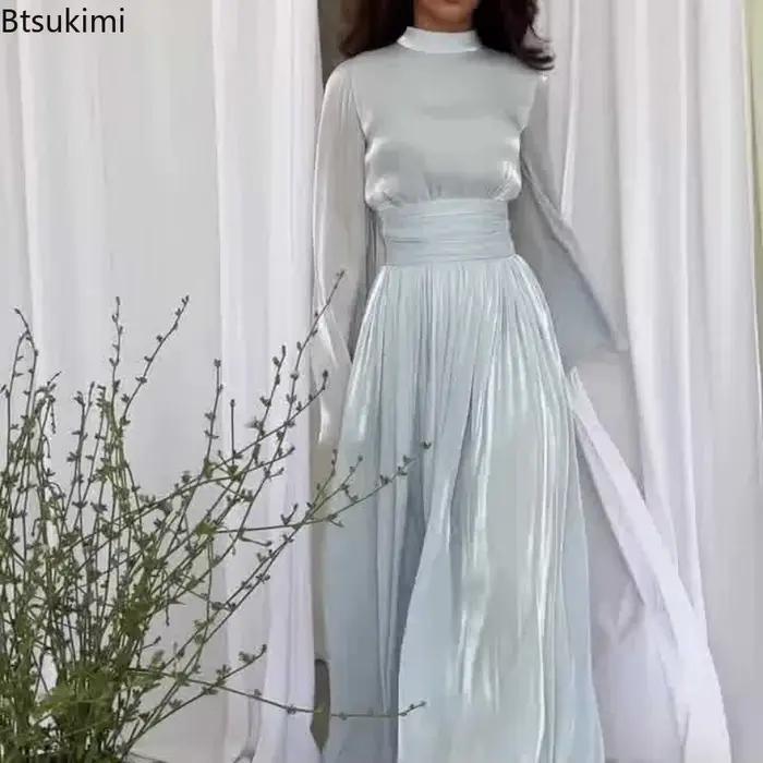 Robe longue plissée taille haute tendance pour femme, robe de soirée unie à lacets, style français, élégante, col rond, pour banquets et fêtes