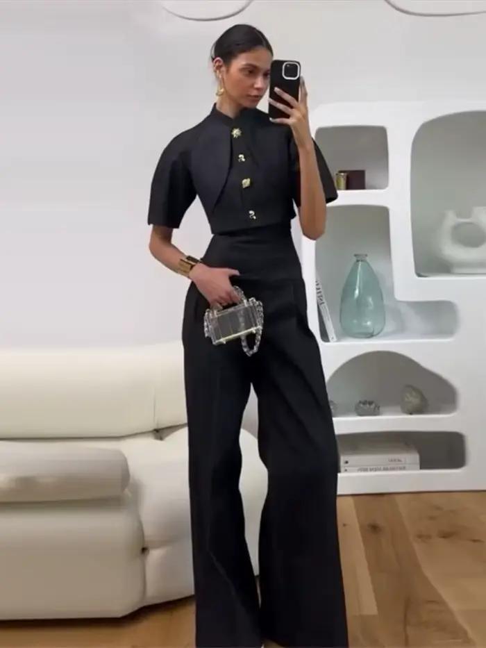 Ensemble tailleur-pantalon en jean pour femme, veste à manches mi-longues boutonnée et pantalon taille haute ample, élégant et chic