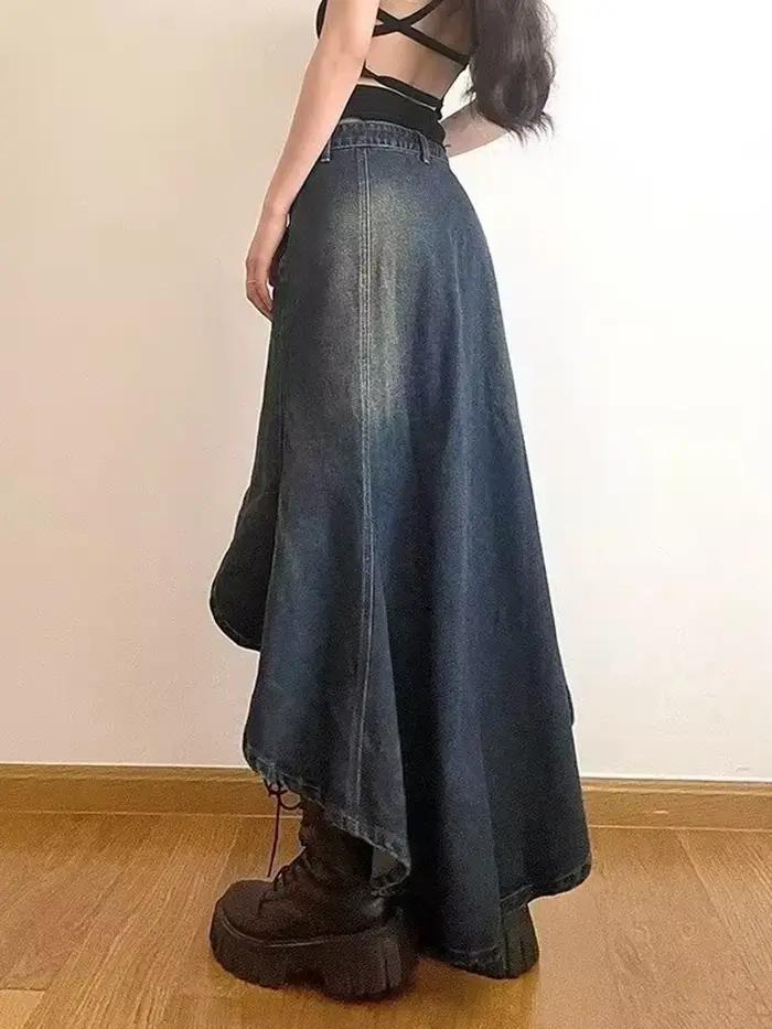 Streetwear rétro Denim jupes femmes été bouton taille haute irrégulière sirène Vintage poches décontractées dame jean jupe longue