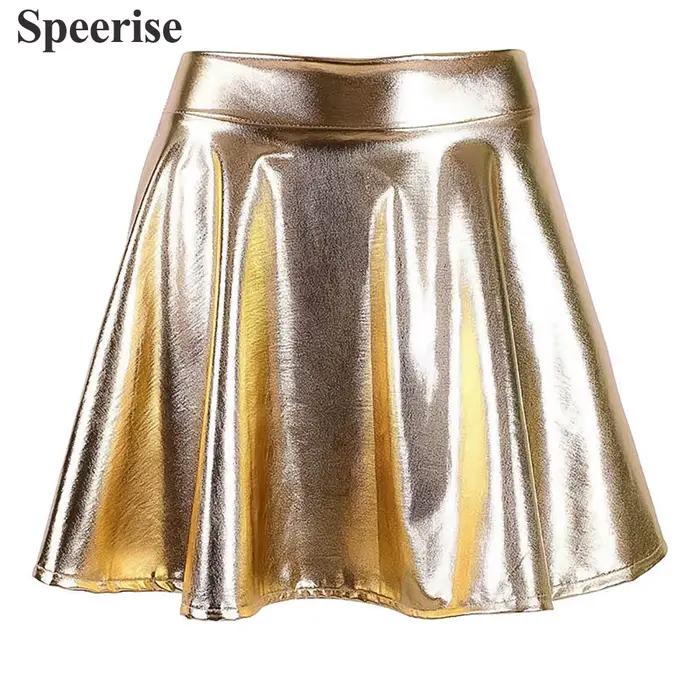 Speerise adulte brillant métallique jupe femmes Sexy en cuir PU Club fête danse holographique jupes plissées carnaval Festival brillant
