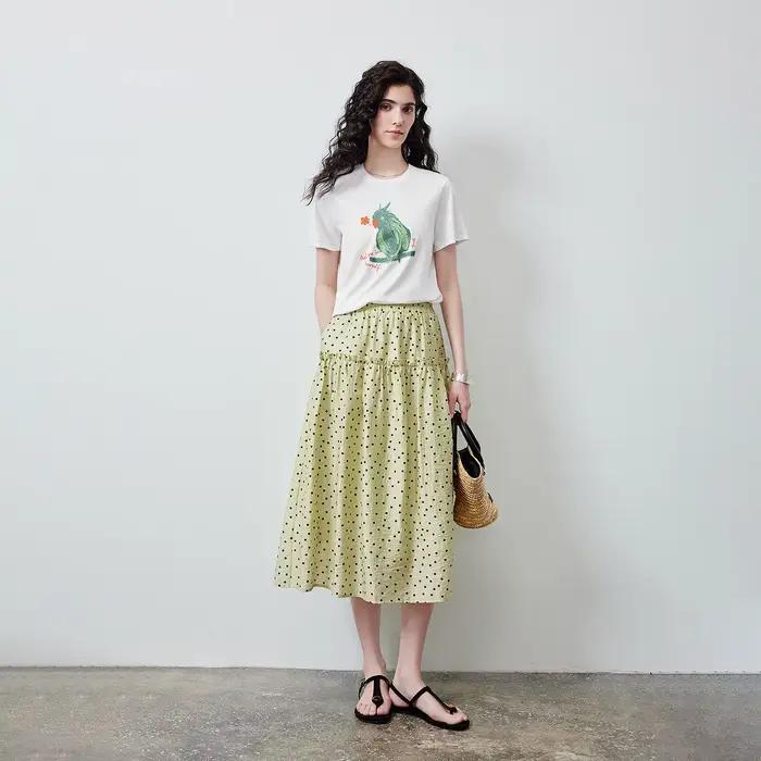 Jupe en Lyocell pour Femme TOYOUTH Été 2026 Vert Clair à Volants Style Rétro Français à Pois Vintage