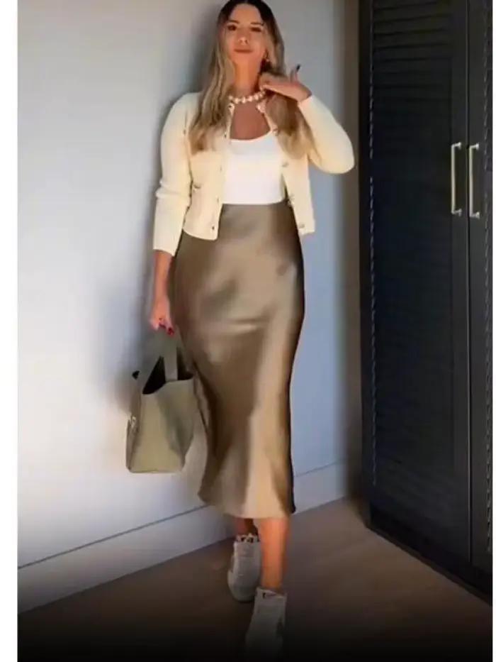AOSSVIAO 2026 Jupe Midi Plissée en Satin Uni pour Femme